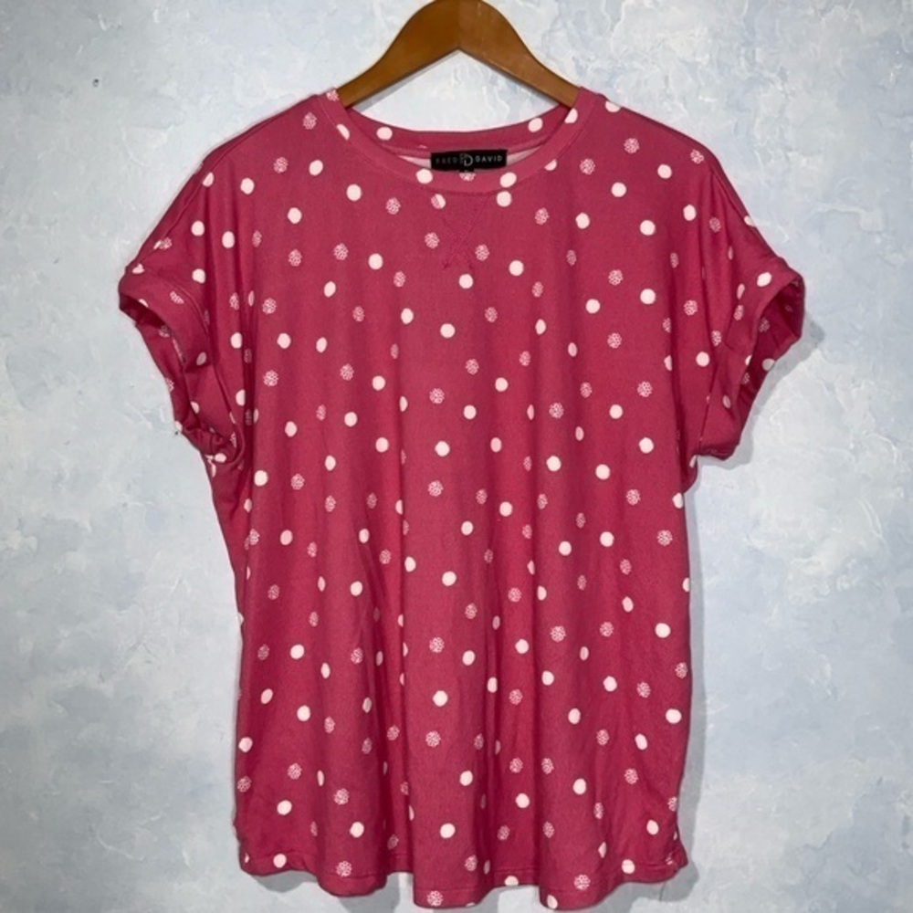 Fred David Pink & White Polka Dot Short Cuffed Sleeve Fleece Soft Top XL